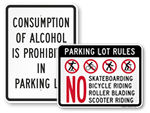 No Alcohol and No Playing in Parking Lot Signs