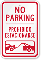 Bilingual No Parking With Car Tow Graphic Sign