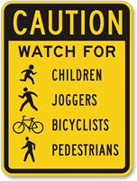 Caution Watch Children Joggers Bicyclists Pedestrians Crossing Sign