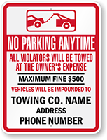 Custom Towing No Parking Sign