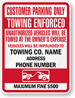 Customized Customer Parking Only, Unauthorized Vehicles Towed Sign