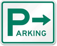 Green parking sign with right arrow