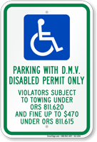 Oregon D.M.V. Disabled Permit Parking Only Sign
