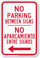 Bilingual No Parking Between Signs, Left Arrow