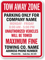 Custom Tow Away Sign for Arizona Phoenix