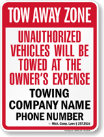 Custom Michigan Tow Away Sign