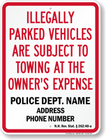 Custom New Hampshire Tow Away Sign