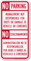 No Parking Management Not Responsible Theft Bilingual Sign