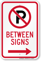 No Parking Between Signs with Right Arrow