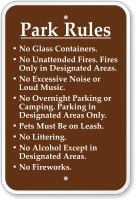 Park Rules No Glass Containers Unattended Fires Sign