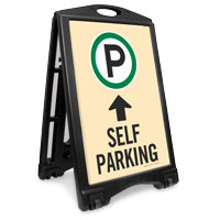 Self Parking Ahead With Arrow Sidewalk Sign