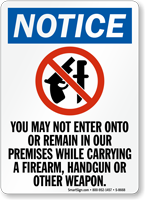 No Firearm Handgun & Weapon In Premises Sign