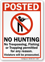 No Hunting Trespassing Fishing or Trapping Permitted Sign