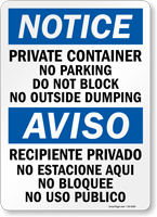 Private Container No Parking Bilingual OSHA Notice Sign