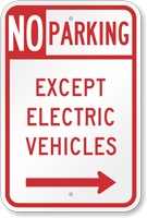 No Parking Except Electric Vehicles Sign with Arrow