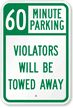 60 Minute Parking, Violators Towed Away Sign