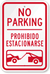 Bilingual No Parking With Car Tow Graphic Sign