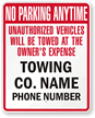 Customized Unauthorized Vehicles Towed At Owner's Expense Sign