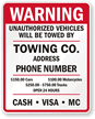 Warning Unauthorized Vehicles Towed Sign