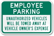 Employee Parking Unauthorized Vehicles Will Be Towed Sign