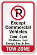 Custom Tow Zone, Except Commercial Vehicles Sign