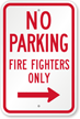 No Parking Firefighters Only Sign With Right Arrow