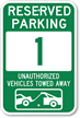 Reserved Parking 1 Unauthorized Vehicles Towed Away Sign