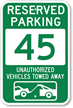 Reserved Parking 45 Unauthorized Vehicles Towed Away Sign