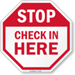 STOP: Check in here sign