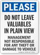 Do Not Leave Valuables In Plain View Notice Sign