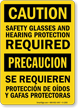 Caution Safety Glasses; Hearing Protection Bilingual Sign