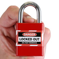 OSHA Danger Self Laminating Padlock Label in red and black